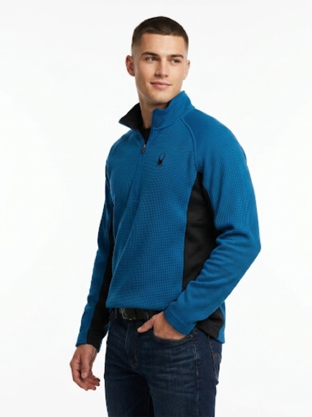 Spyder Outbound Half Zip Core Sweater Mock Neck Knit Fleece Blue Black Mens M